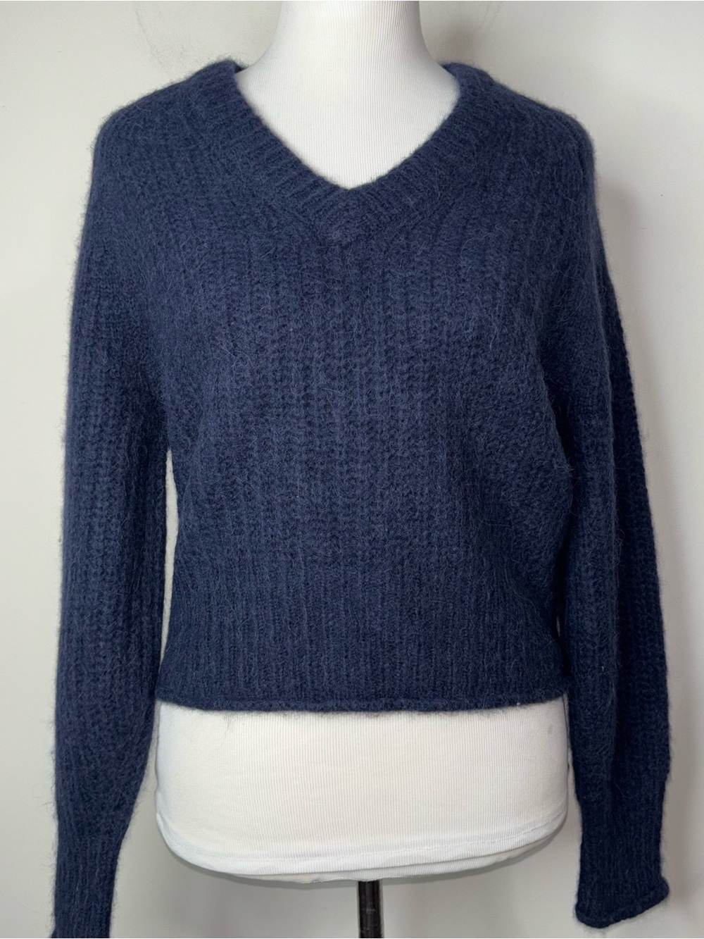 NEW J. Crew Ribbed V-Neck Sweater Wool Blend Navy Blue XS